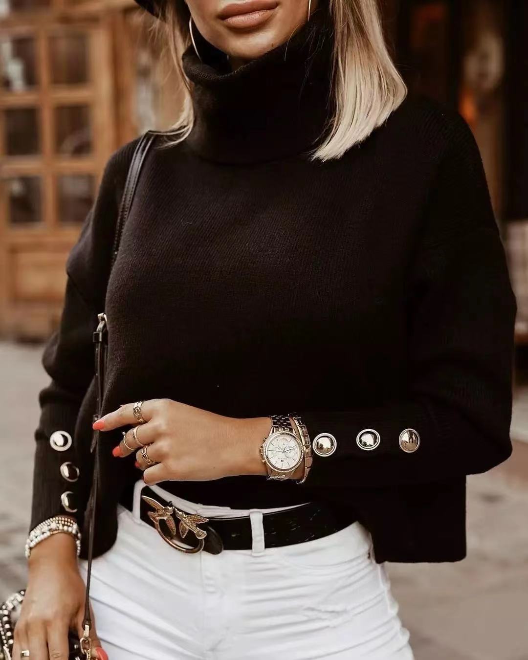 Cozy Cable Knit Turtleneck Sweater with Button Cuffs