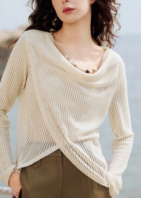 Women's Asymmetrical Beige Silk Knit Blouse - OutfitLondon