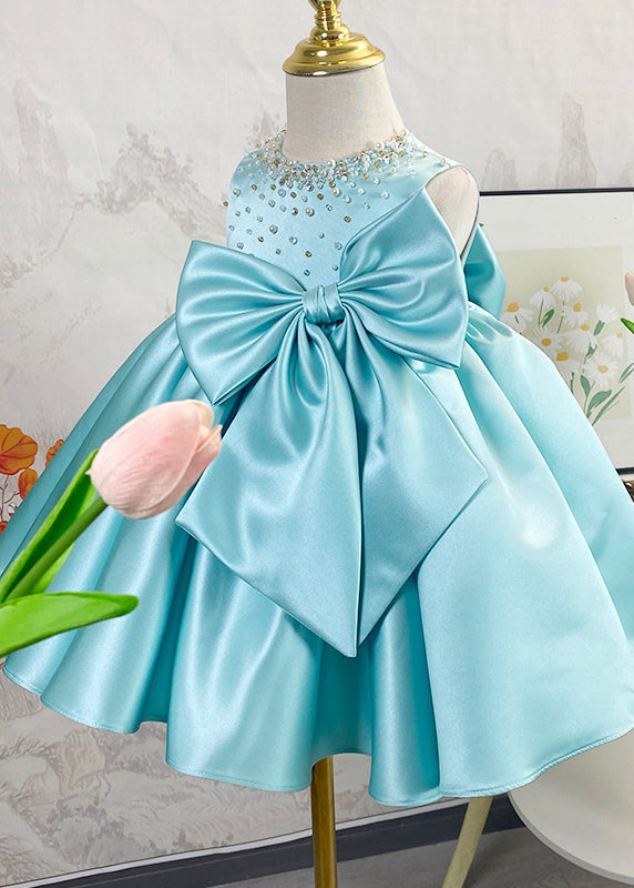 Girls Handmade Summer Dress Cotton Blend Blue Satin Bow - OutfitLondon