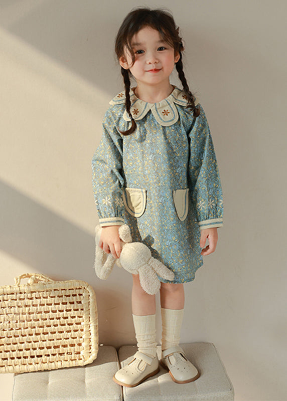 Girls Cotton Dress Blue Peter Pan Collar - OutfitLondon