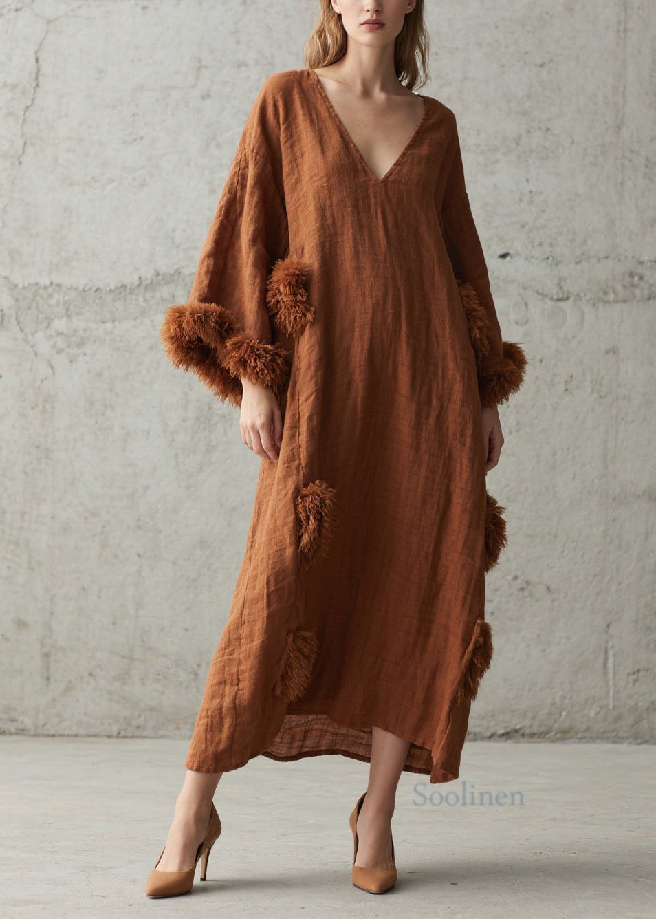 Women's Cotton Patchwork Dress Brown Faux Fur V Neck - OutfitLondon