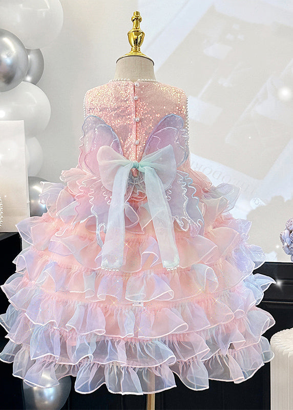 Girls Pink Handmade Maxi Dress Pearl Tulle Embellishments - OutfitLondon