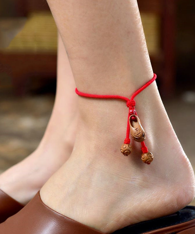 Women's Handwoven Wood Ankle Bracelet Red Peach Tiger Head - OutfitLondon