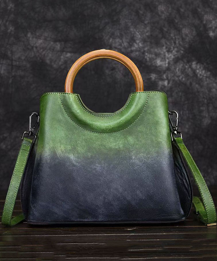 Retro Green Leather Tote Bag Handmade Calf Leather - OutfitLondon