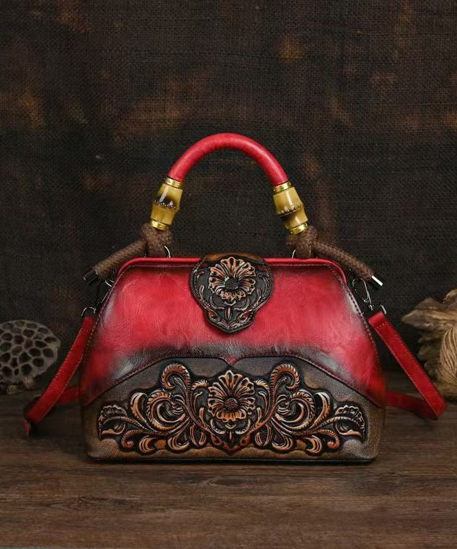 Handcrafted Leather Messenger Bag Red Embossed Detailing - OutfitLondon