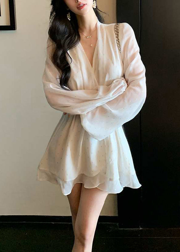 Women's White Lace V Neck Mini Dress - OutfitLondon
