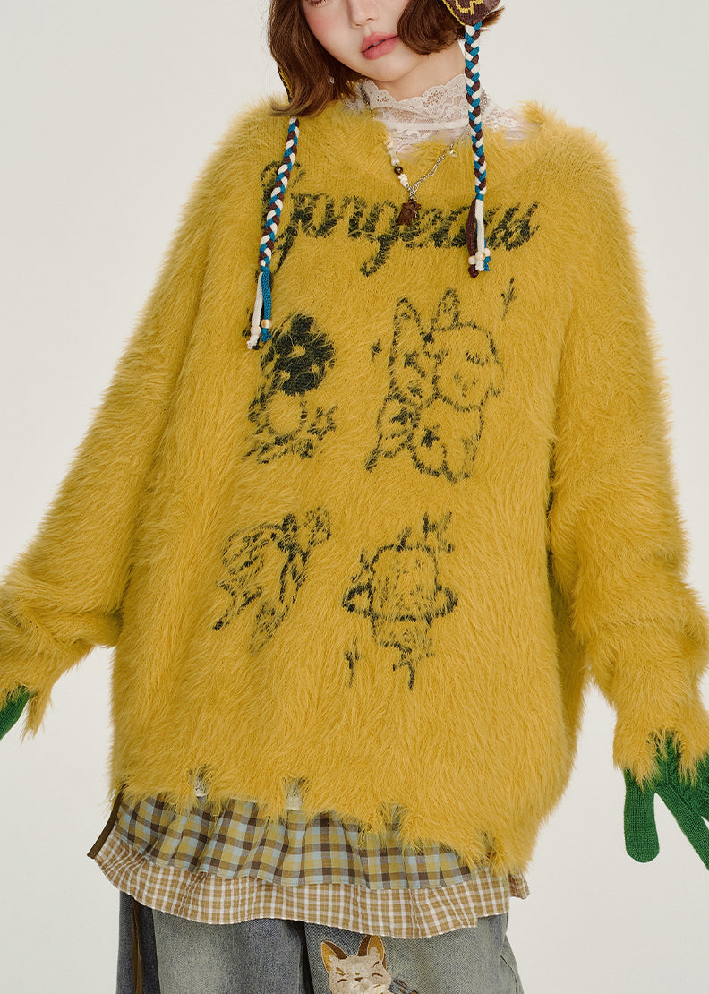 Women's Oversized Yellow Knit Sweater Fuzzy Plus Size - OutfitLondon