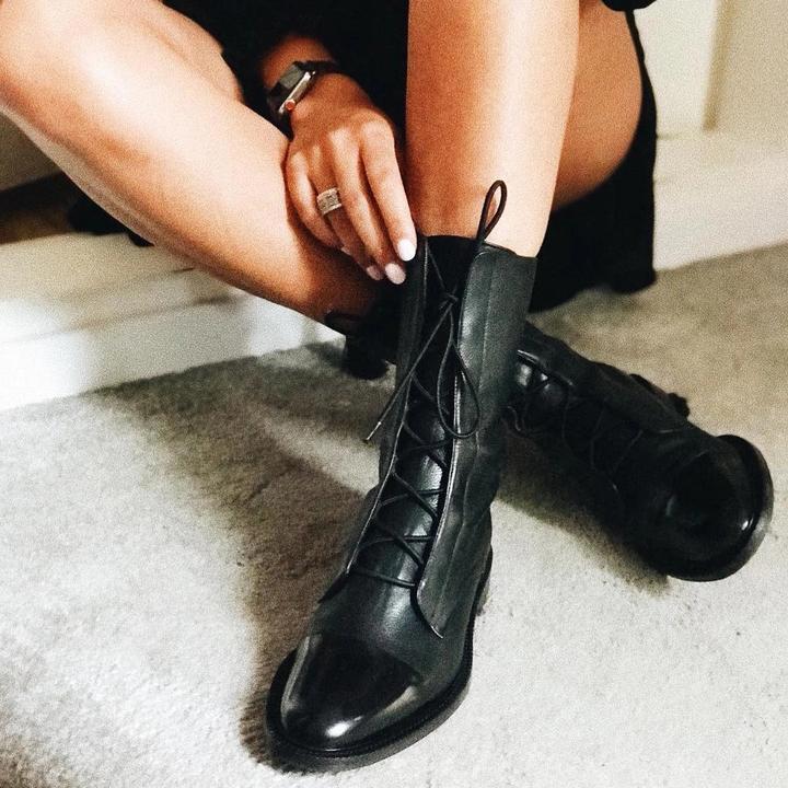 Women's Leather Ankle Boots Lace-Up Black