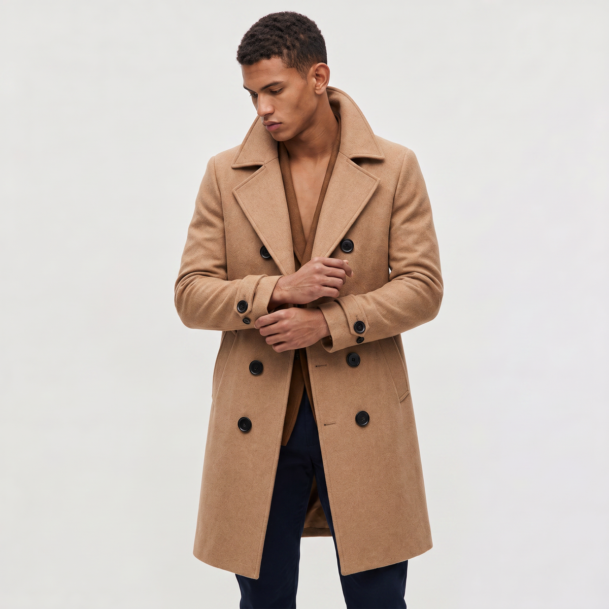 Men's Classic Wool Blend Slim Fit Double-Breasted Long Coat