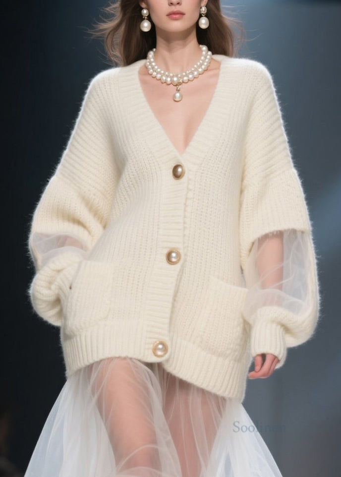 Women's Beige Cardigan V Neck Tulle Patchwork - OutfitLondon