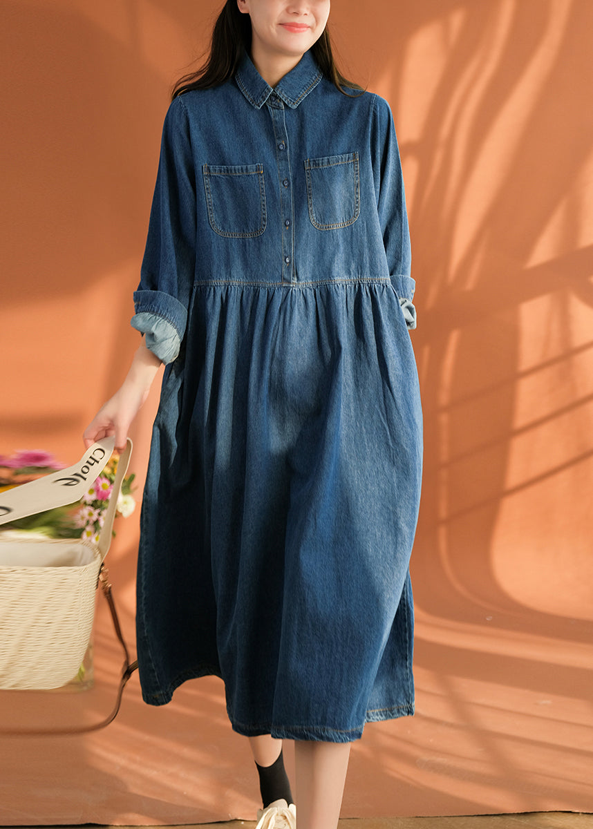 Women's Denim Shirt Dress Italian Blue Patchwork Claudine Collar - OutfitLondon