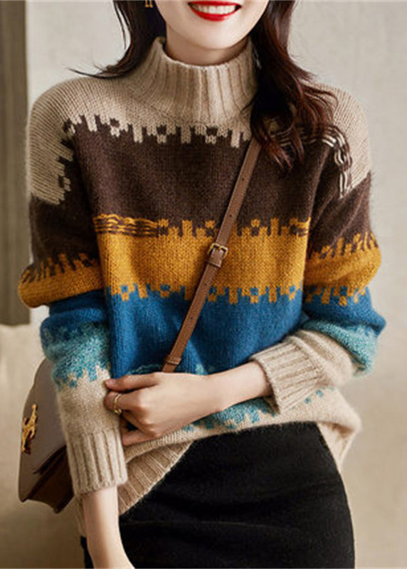 Women's Knit Sweater Thick Turtleneck Colorblock - OutfitLondon