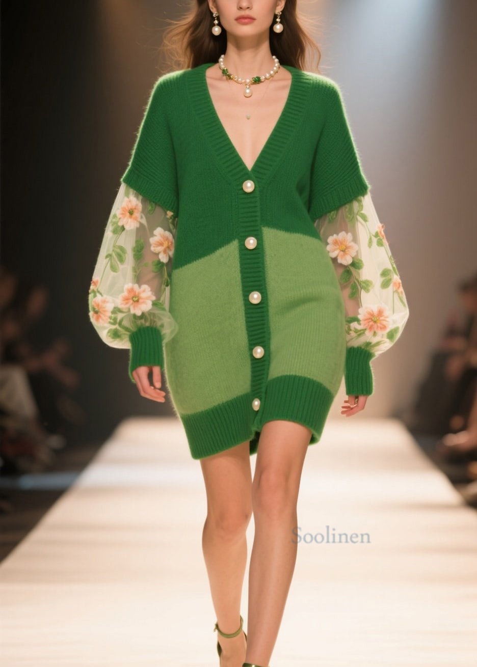 Women's Green Knit Cardigan Floral V Neck - OutfitLondon