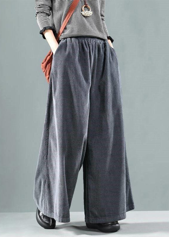 Women's Corduroy Pants Elastic Waist Wide Leg Gray - OutfitLondon