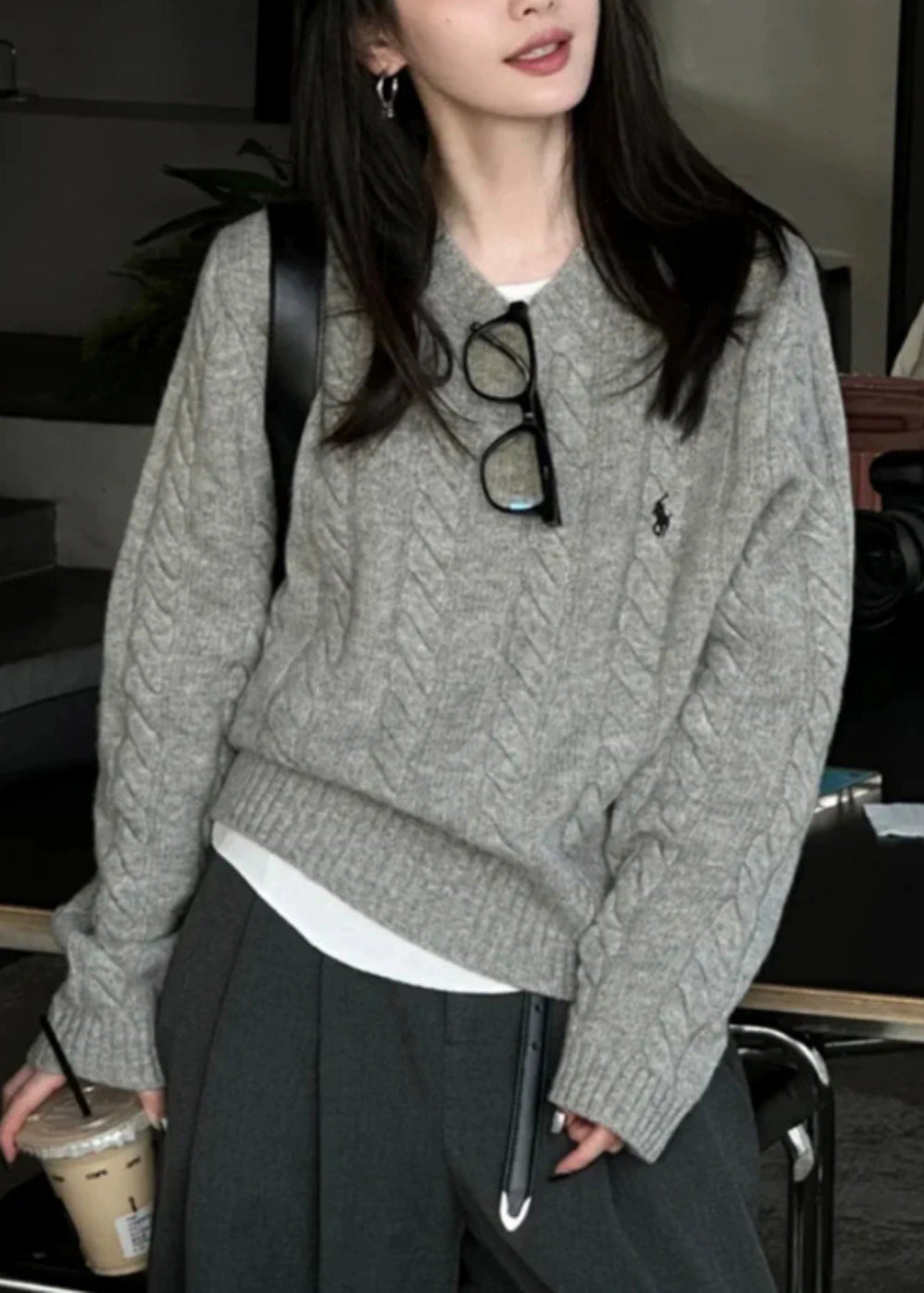 Unisex Gray Knit Sweater Round Neck Warm Twisted Texture - OutfitLondon