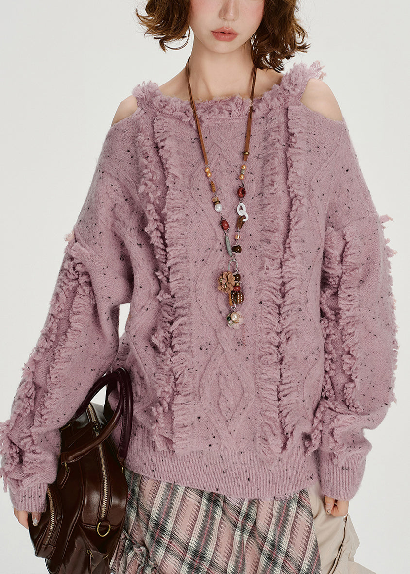Women's Off Shoulder Sweater Soft Lilac Knit - OutfitLondon