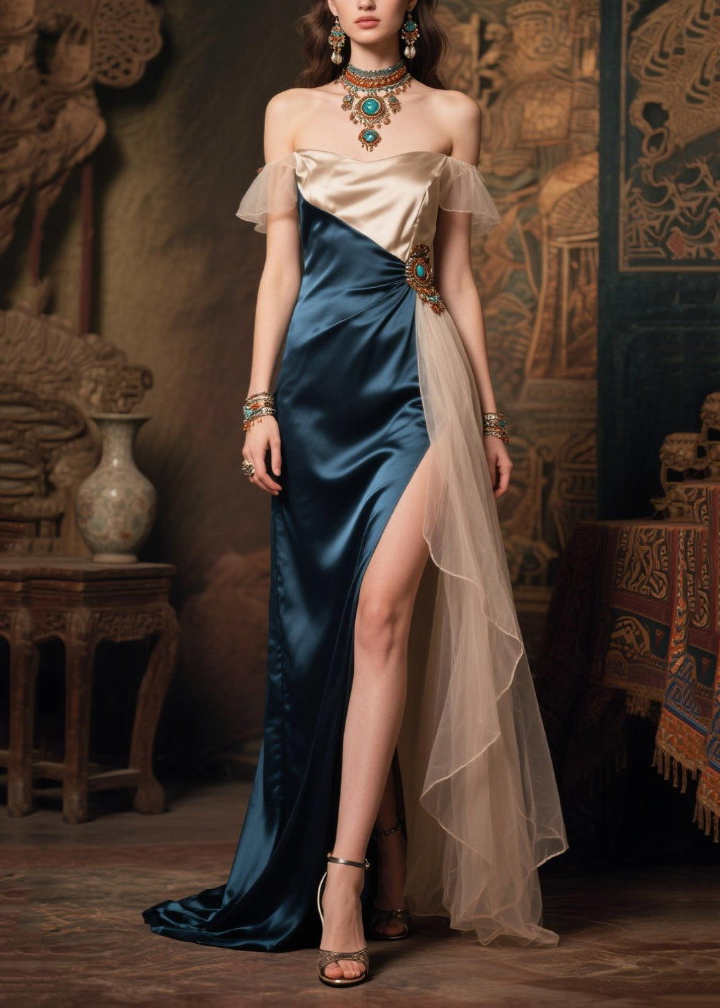 Women's Off Shoulder Silk Evening Gown Italian Crafted - OutfitLondon