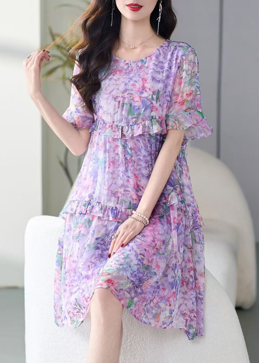 Women's Silk Floral Print Dress Purple Round Neck Ruffles - OutfitLondon