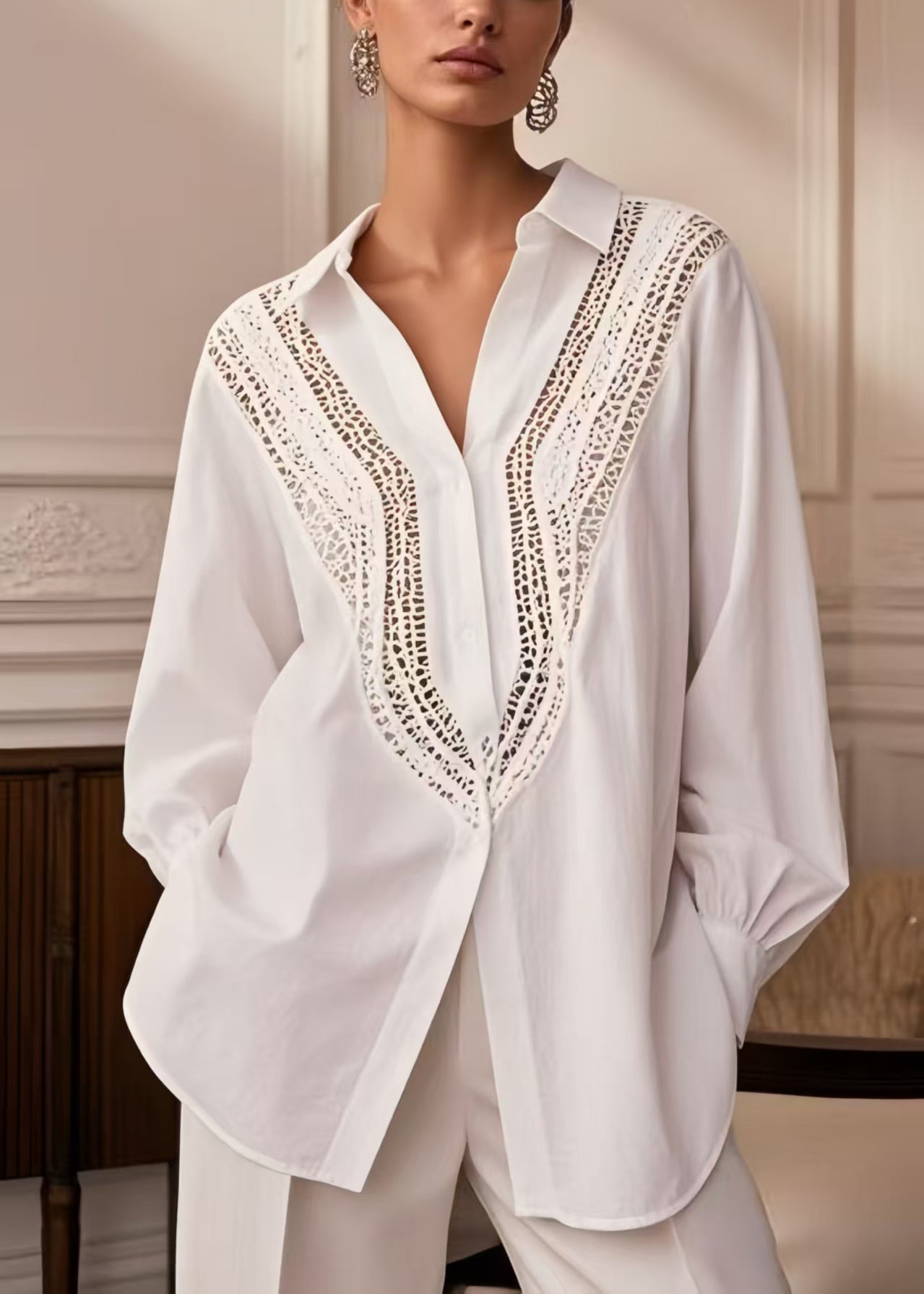 Women's Cotton Openwork Shirt White Breathable - OutfitLondon