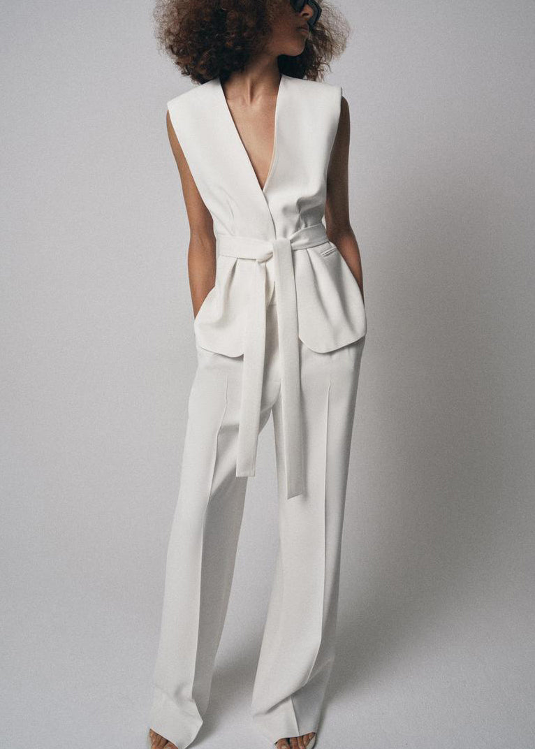 Women's Two Piece Set Sleeveless V Neck Spandex White - OutfitLondon