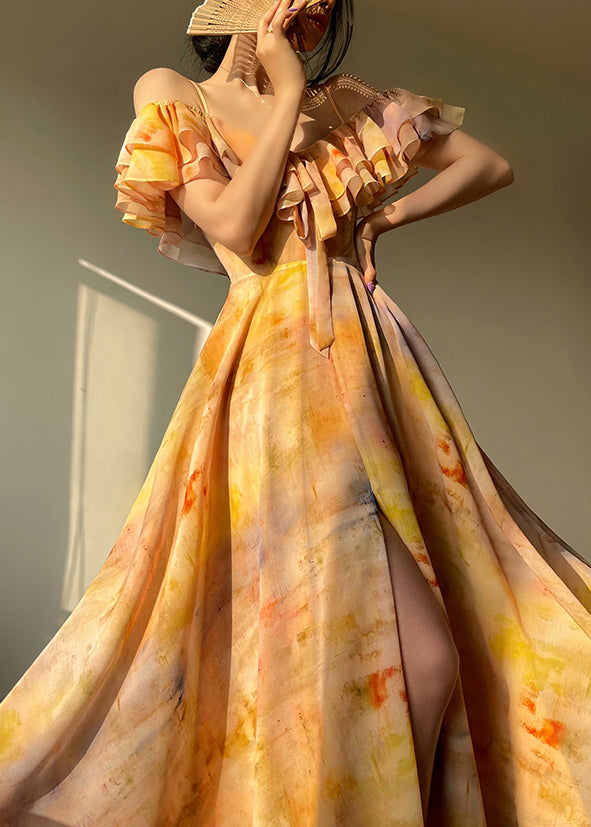 Women's Silk Chiffon Summer Dress Italian Yellow Print - OutfitLondon