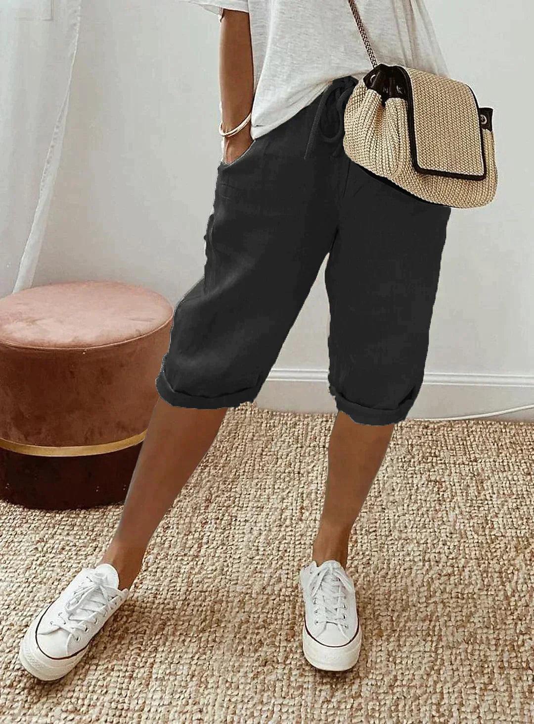 Relaxed Fit Linen Capri Trousers