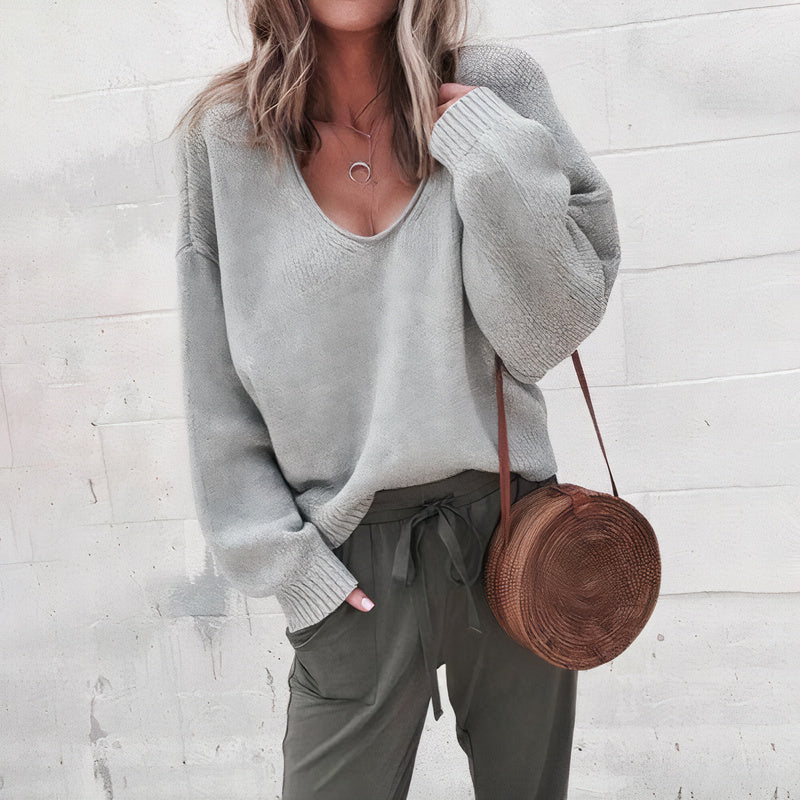 Cozy V Neck Sweater with Ribbed Detailing