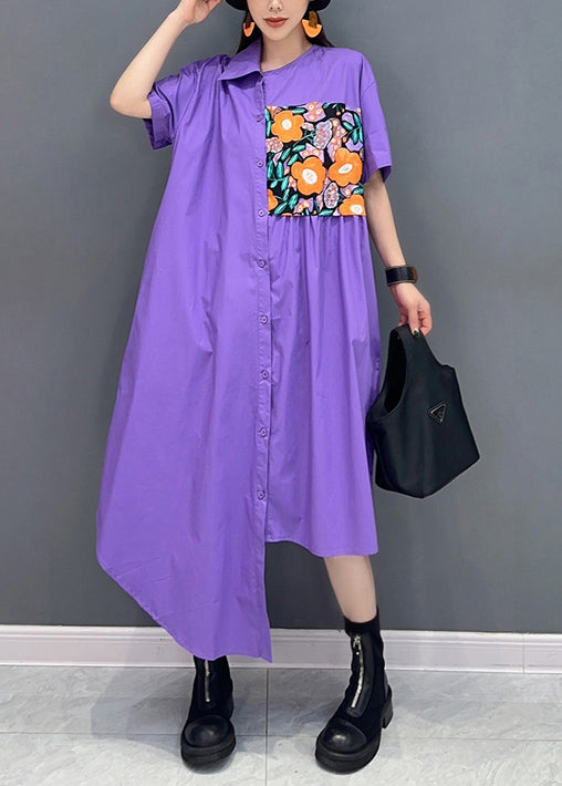 Women's Lavender Maxi Dress Breathable Cotton Blend Asymmetric - OutfitLondon