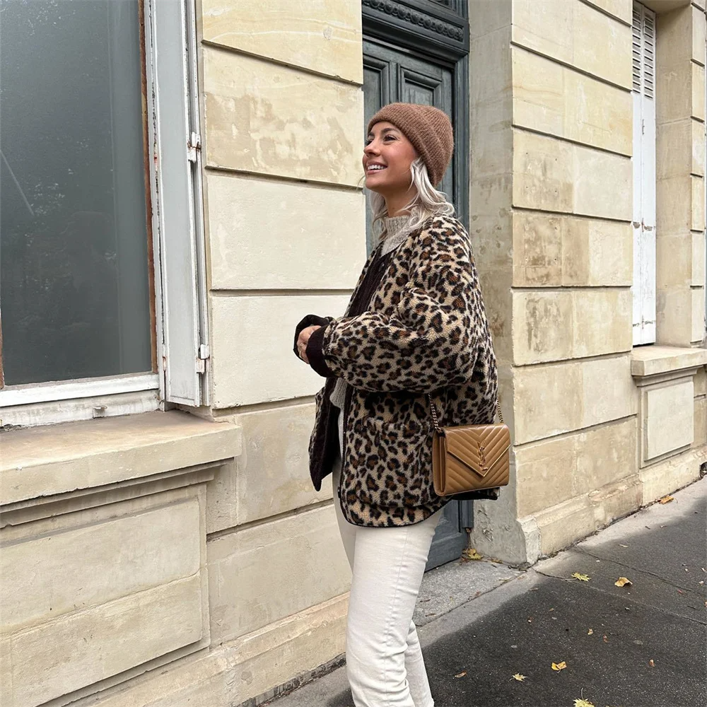 Warm Leopard Wool Coat for Women