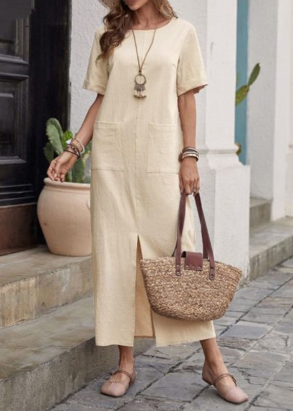 Women's Cotton Linen Maxi Dress Short Sleeve Apricot - OutfitLondon