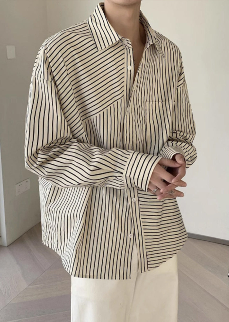 Men's Cotton Shirt Apricot Striped Relaxed Fit - OutfitLondon