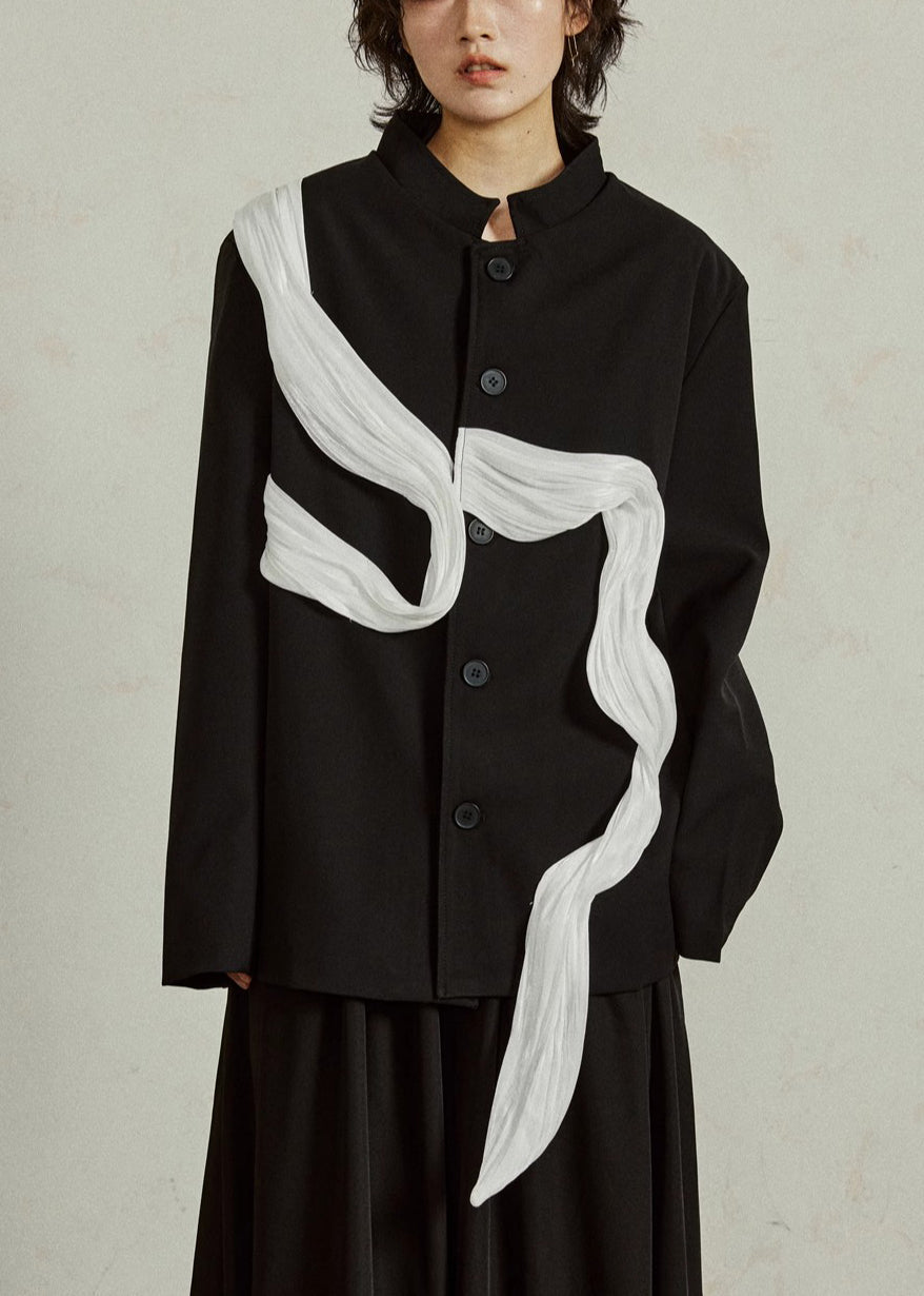 Women's Oversized Black Coat Elastane Mock Neck - OutfitLondon