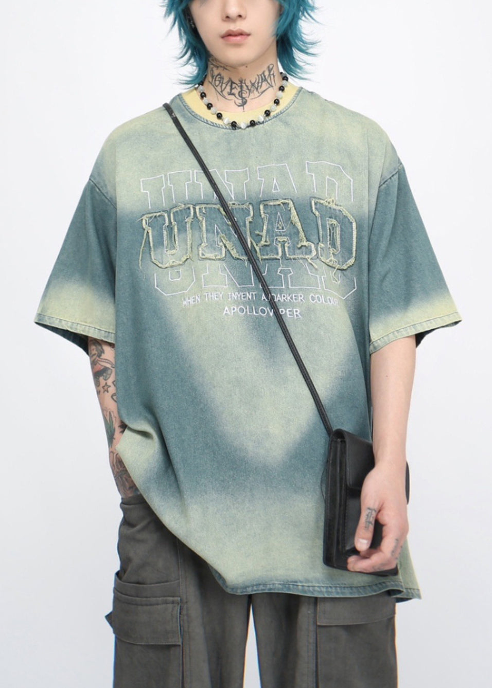 Mens Oversized Denim T-Shirt Distressed Print Blue - OutfitLondon