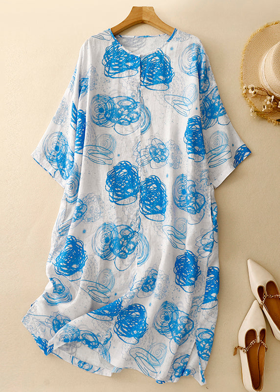 Women's Loose Cotton Summer Dress Breathable Blue Print - OutfitLondon