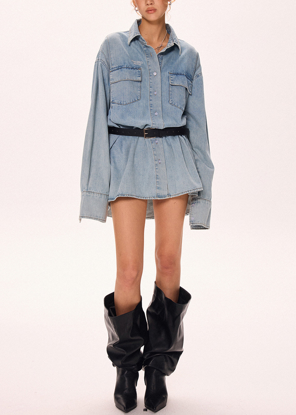 Women's Denim Shirt Dress Loose Fit Peter Pan Collar Blue - OutfitLondon