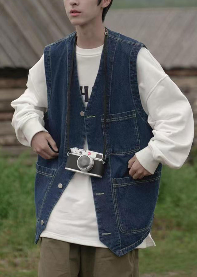 Men's Blue Denim Vest V Neck Relaxed Fit - OutfitLondon