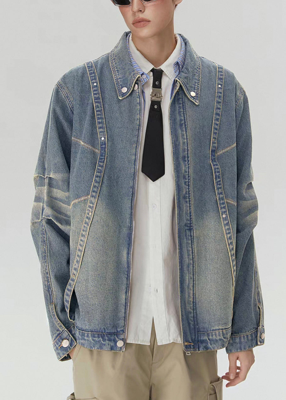 Men's Denim Jacket Blue Zipper Front Oversized - OutfitLondon