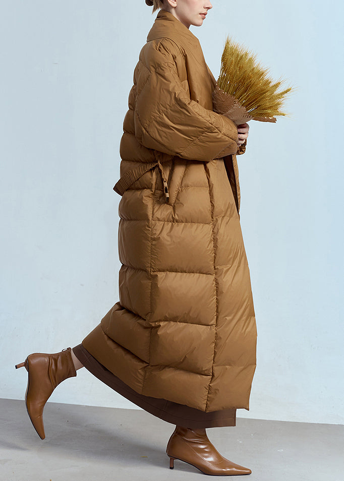 Women's Brown Down Winter Coat V-Neck Pockets - OutfitLondon