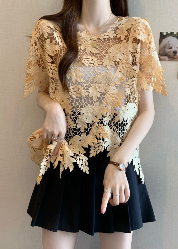 Women's Lace Asymmetrical Short Sleeves Caramel - OutfitLondon