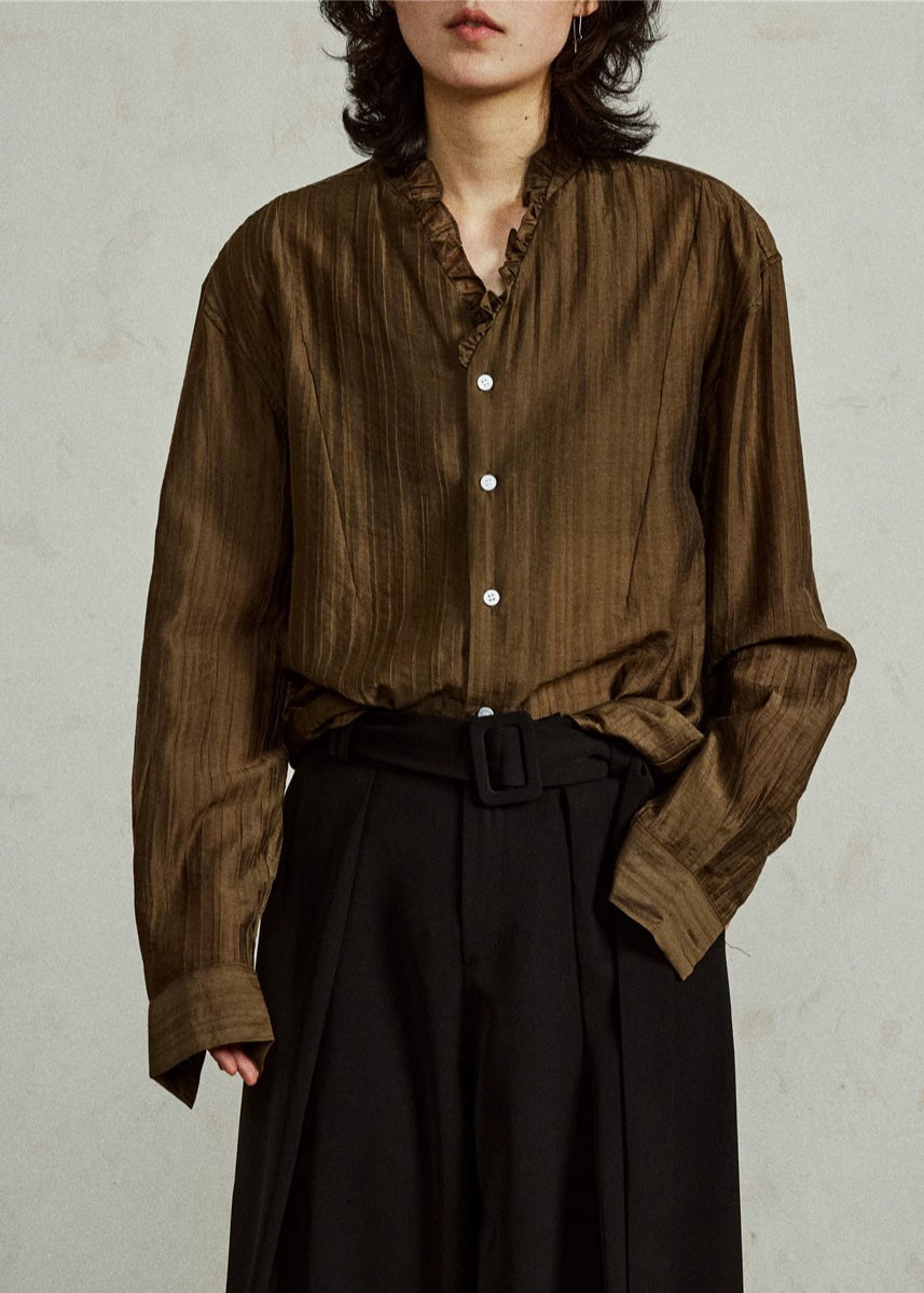 Women's Cotton Blend Ruffle Blouse Cafe Brown 2XL - OutfitLondon