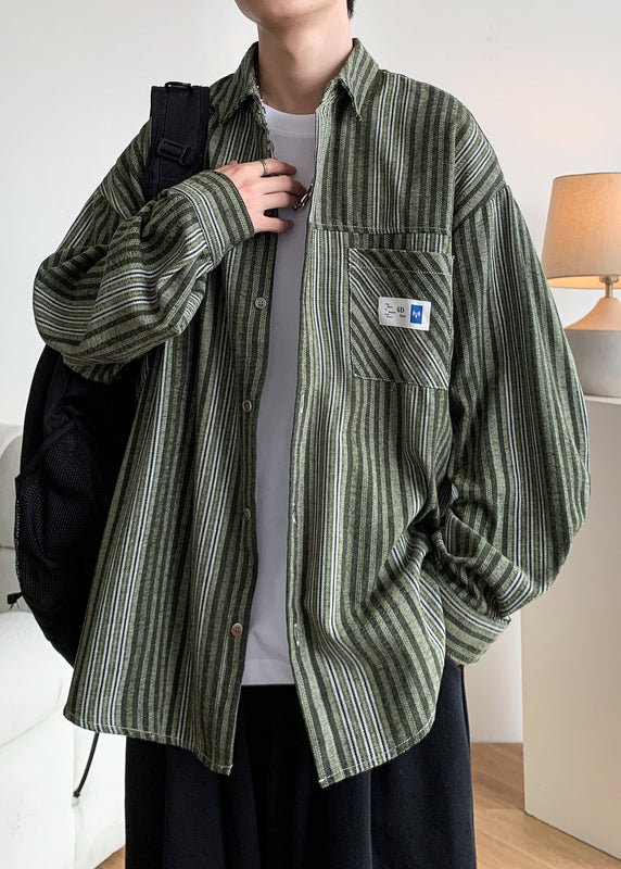 Men's Green Striped Cotton Shirt Long Sleeve Relaxed Fit - OutfitLondon