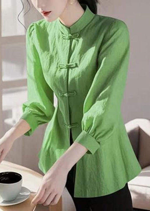 Women's Cotton Blouse Loose Fit High Collar Bracelet Sleeves Green - OutfitLondon