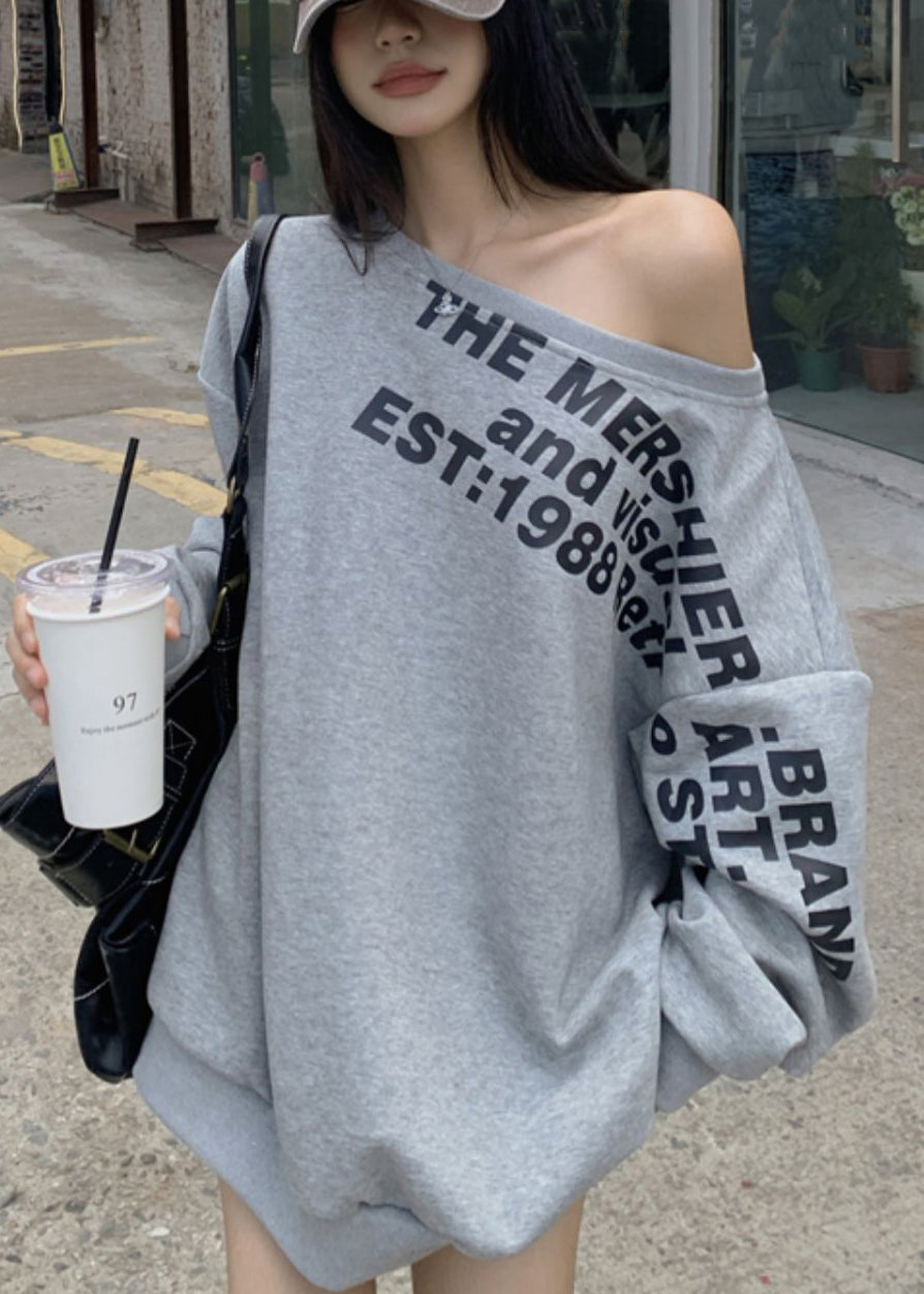 Women's Gray Cotton Sweatshirt Off Shoulder Letter Print - OutfitLondon
