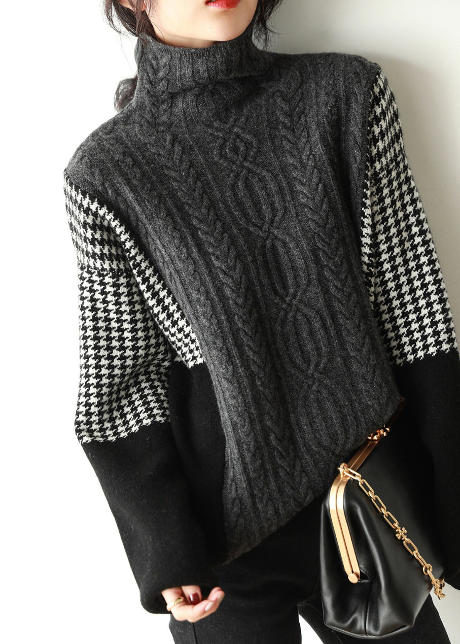 Women's Gray Knit Turtleneck Sweater Oversized Cozy Patchwork - OutfitLondon