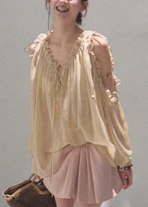 Women's Khaki Blouse Silk Georgette Loose Fit Ruffles - OutfitLondon