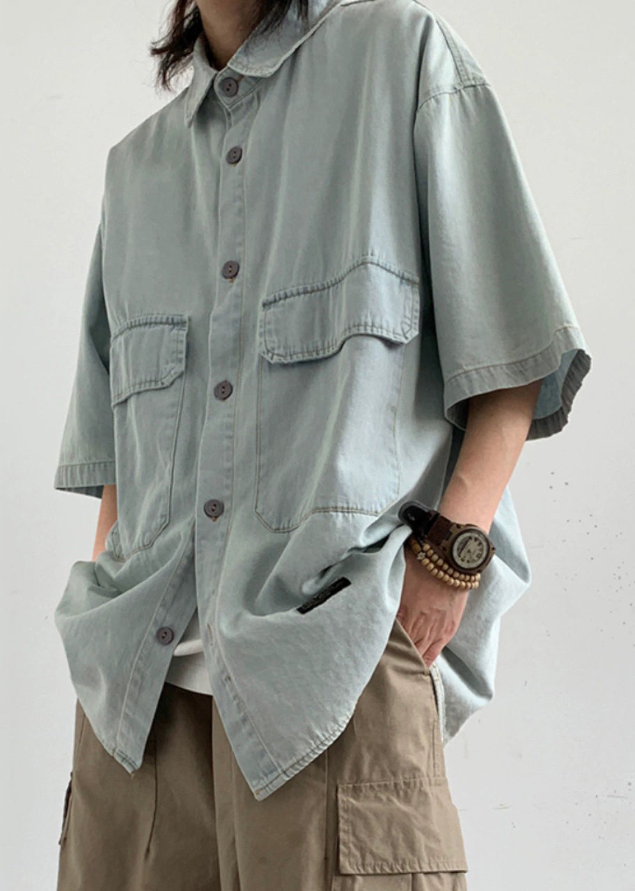 Men's Light Blue Denim Short Sleeve Shirt Loose Fit - OutfitLondon