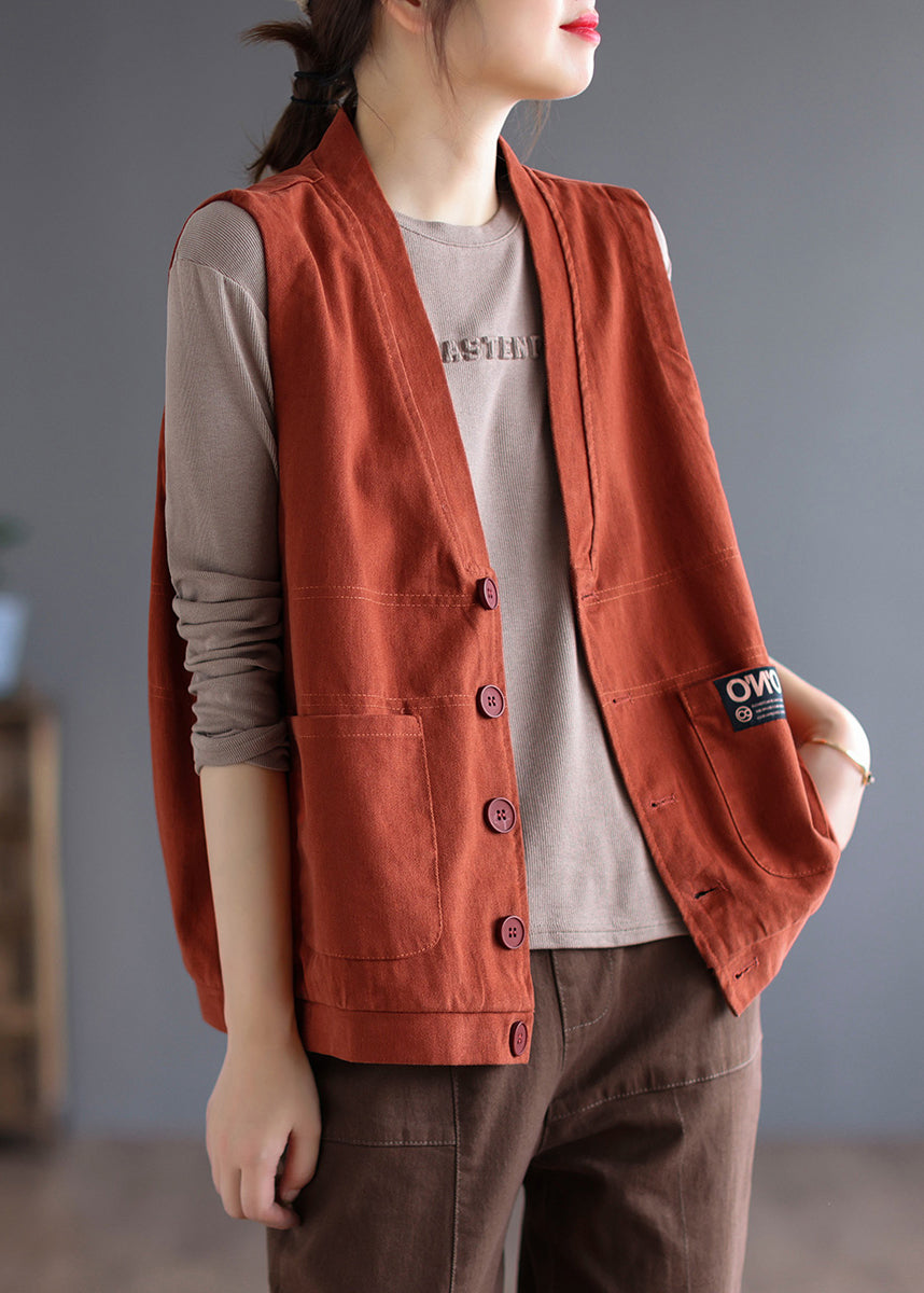 Women's Cotton Vest Orange V Neck Button Pockets Plus Size - OutfitLondon