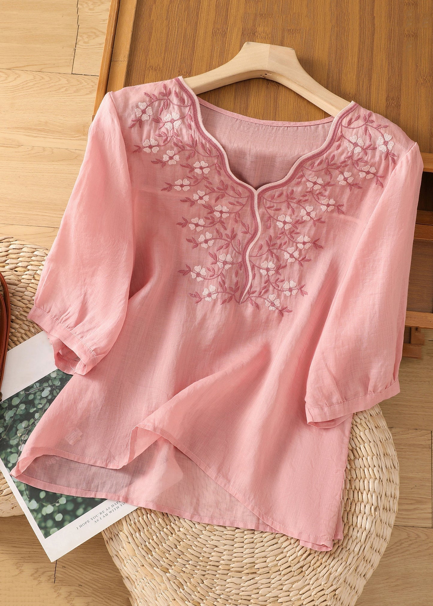 Women's Cotton Linen Blouse V Neck 3/4 Sleeves Pink - OutfitLondon