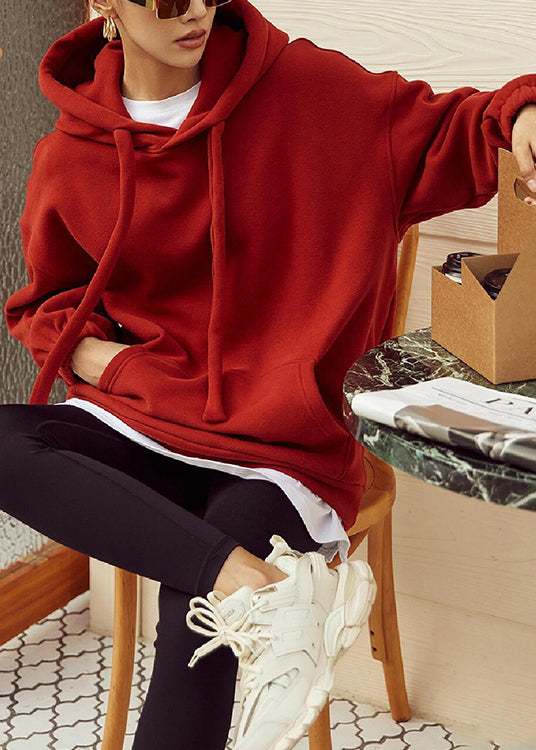 Unisex Fleece Hoodie Sweatshirt Red Loose Fit - OutfitLondon