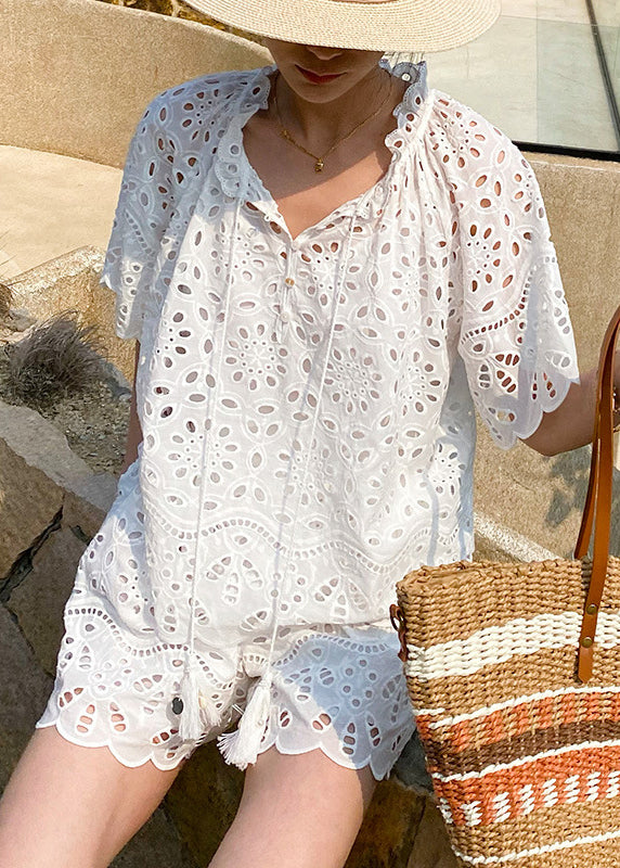 Women's Cotton Lace Eyelet Set White Lightweight - OutfitLondon